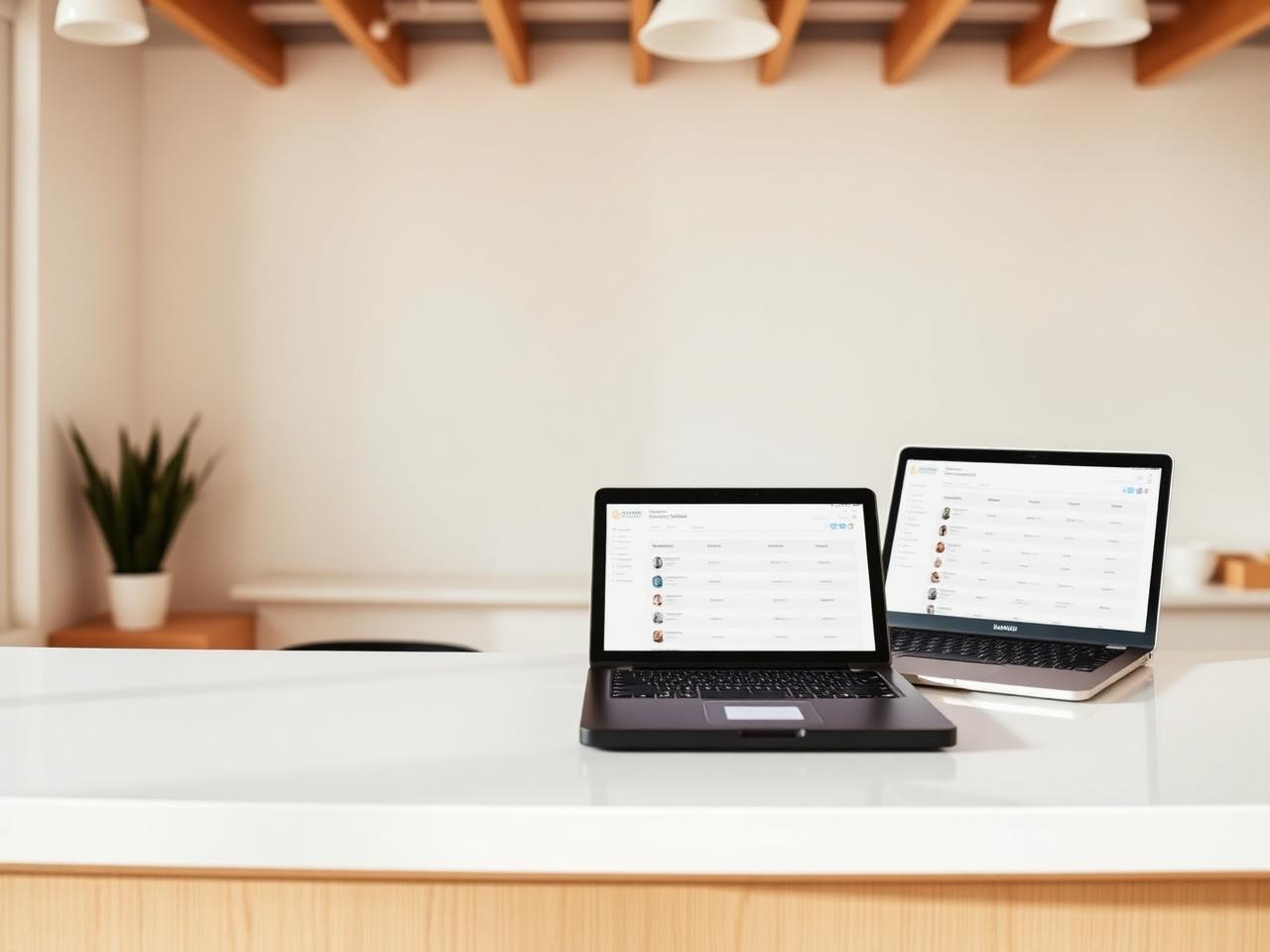 A tidy small-business counter with booking software running on a laptop and tablet